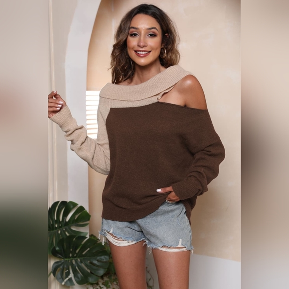 Sweaters - Coffee Brown Asymmetrical Long Sleeve Two-Tone Cutout Sweater